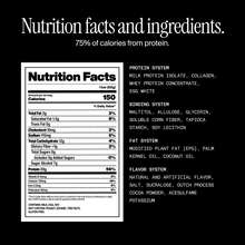 Nutrition facts and ingredients. 75% of calories from protein. with nutritional information on a black background